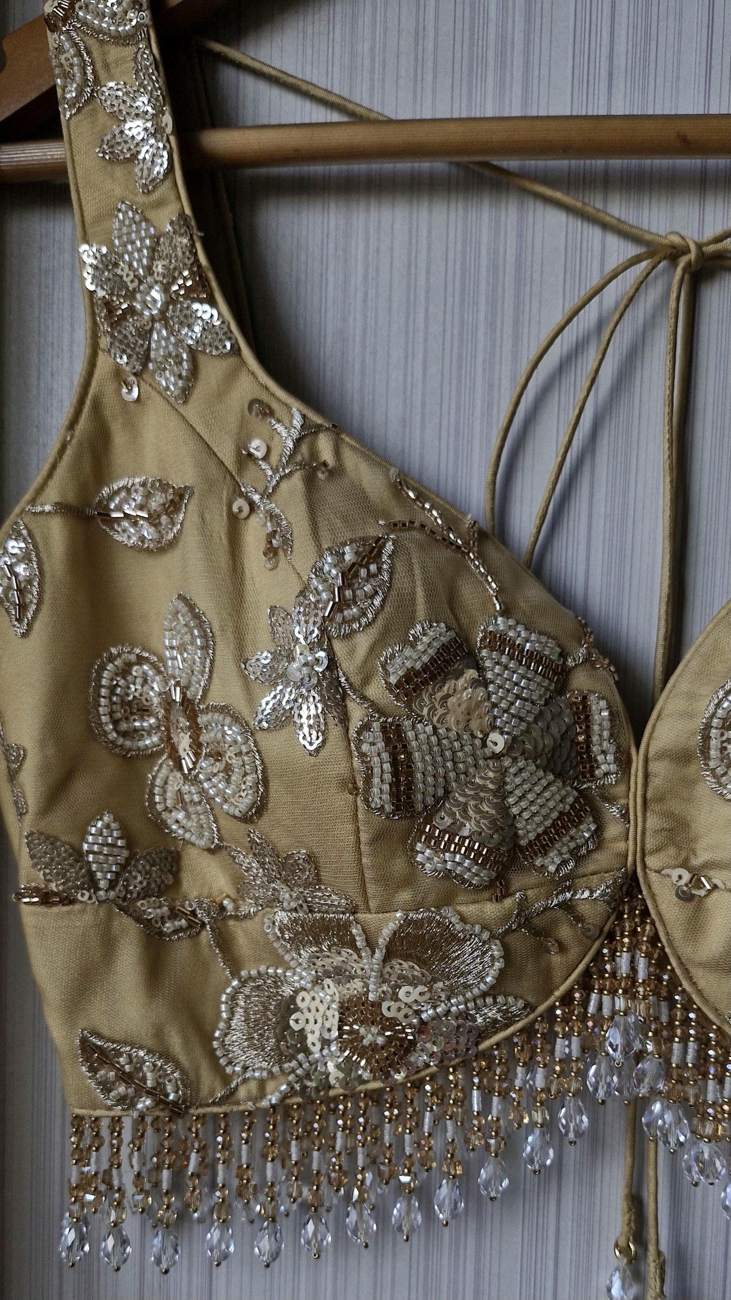 Golden Beige Saree Blouse, Embroidered Net Sweetheart Neck DVBL_476