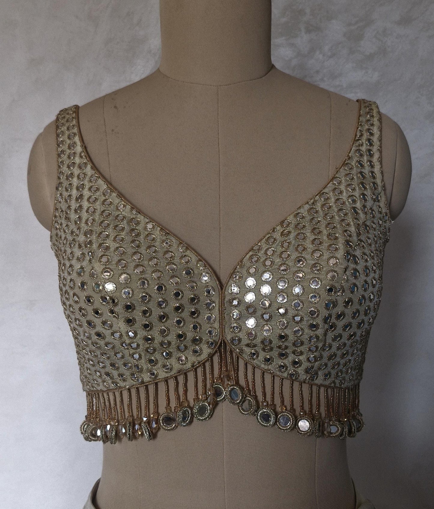 Champagne Gold Saree Blouse, Tissue Silk Sweetheart Neck, Mirror Fringes DVBL_479