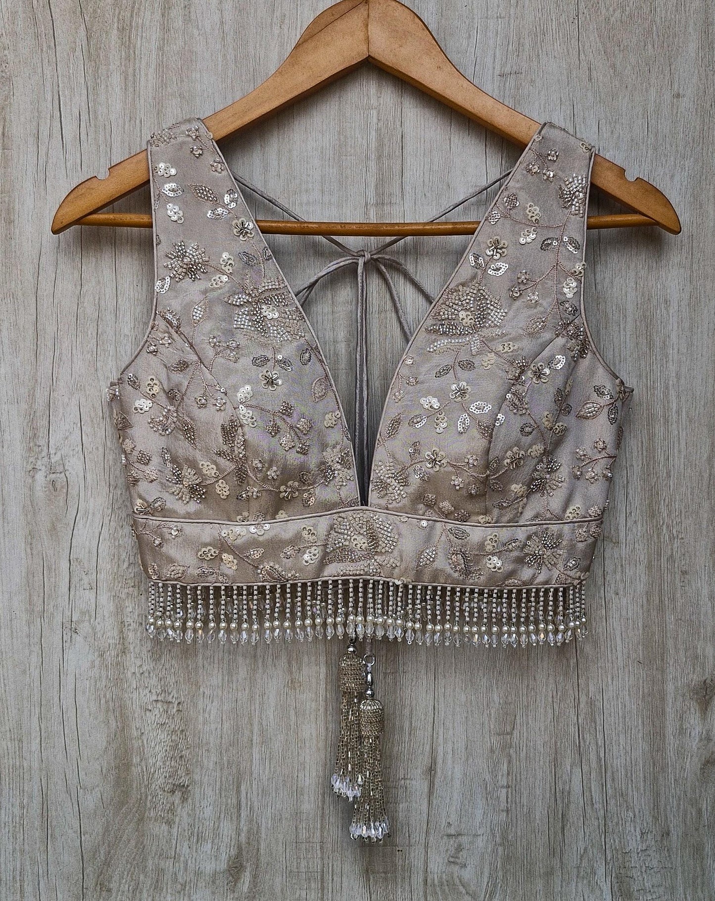 Warm Silver Embroidered Tissue Silk Blouse DVBL_470