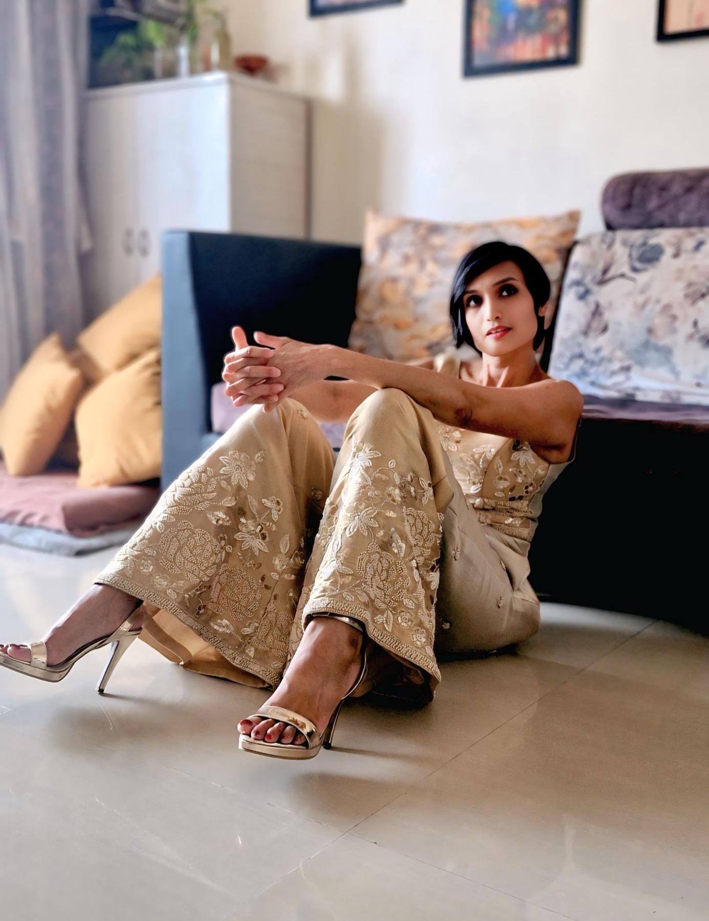 Gold Silver Embroidered Tissue Silk Pants, Top Co-ord Set DVCW_004