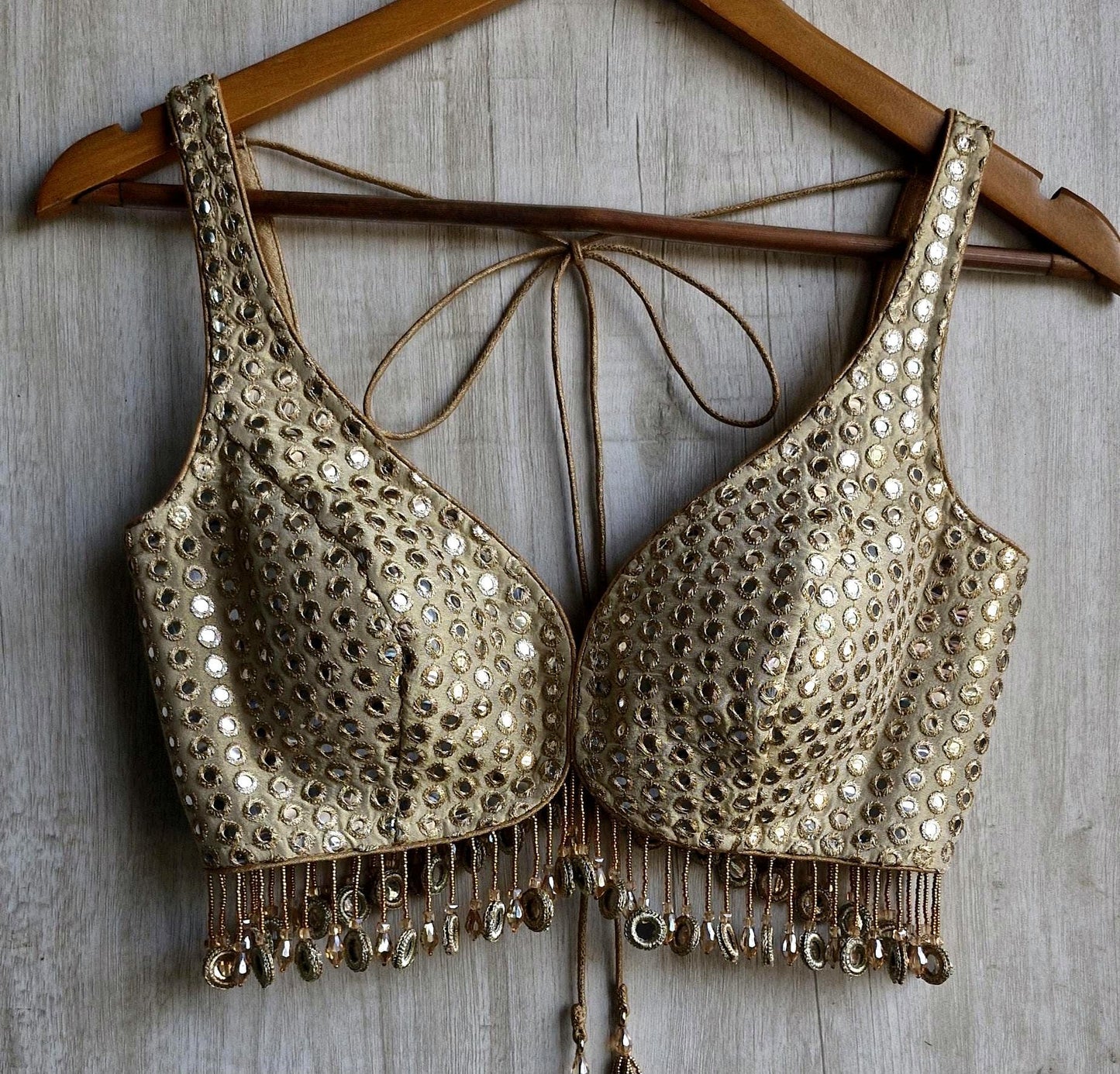 Champagne Gold Saree Blouse, Tissue Silk Sweetheart Neck, Mirror Fringes DVBL_479