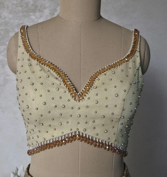 Hand Embroidered Cream Gold Wedding Sweetheart Neck DVBL_465
