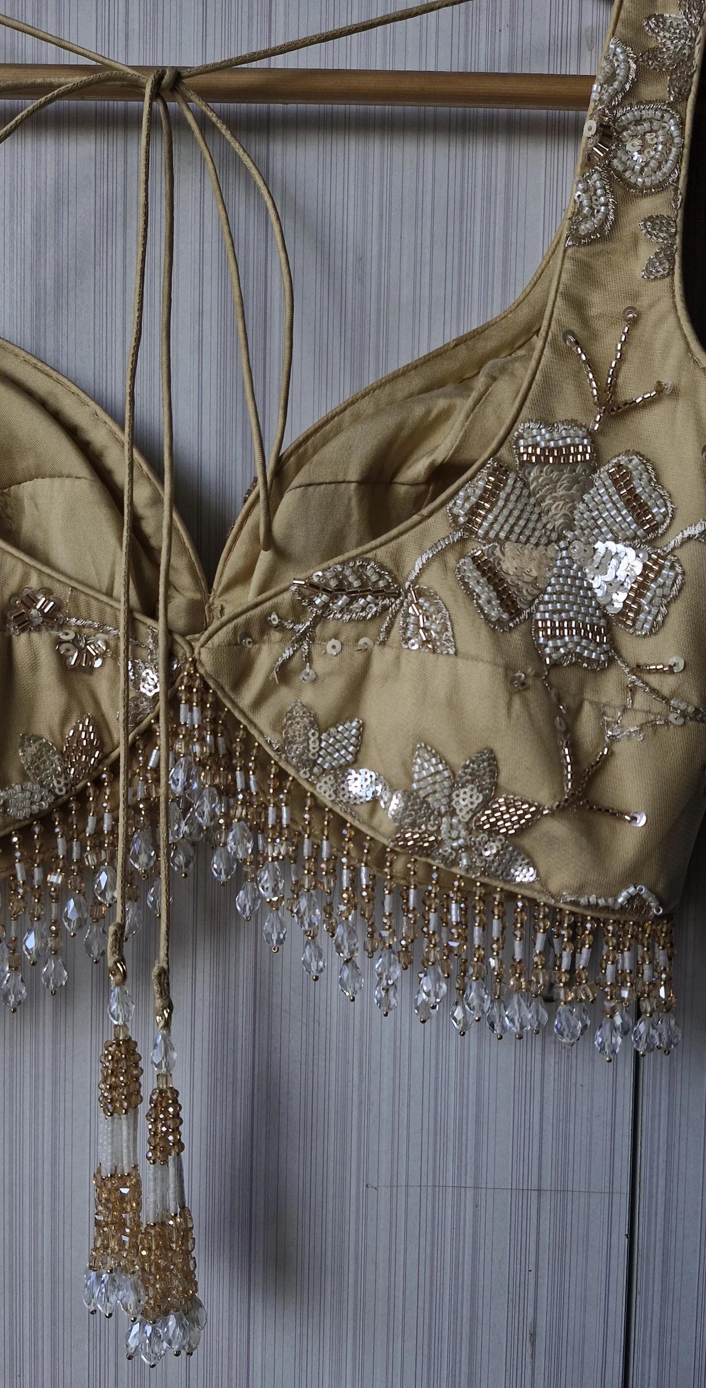Golden Beige Saree Blouse, Embroidered Net Sweetheart Neck DVBL_476