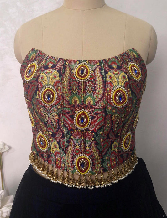 Corset Blouse Embroidered Multicolor Brocade Strapless DVCB_011