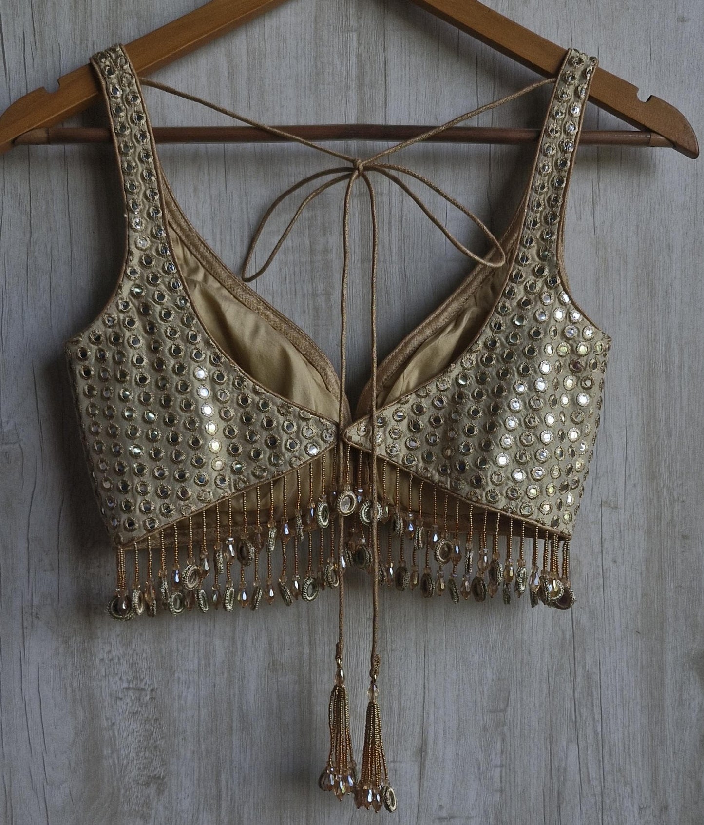 Champagne Gold Saree Blouse, Tissue Silk Sweetheart Neck, Mirror Fringes DVBL_479