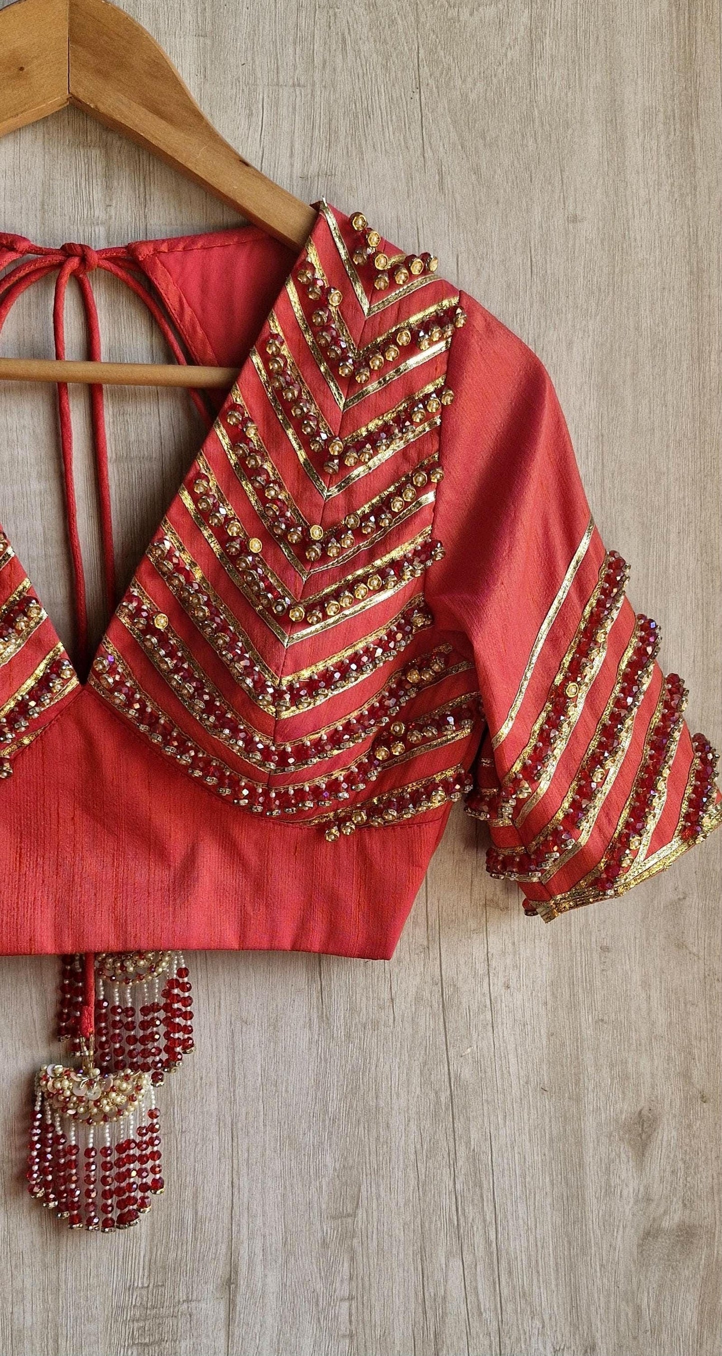 Hand Embroidered Saree Blouse, Coral Pink Silk, V Neck Elbow Sleeves DVBL_474