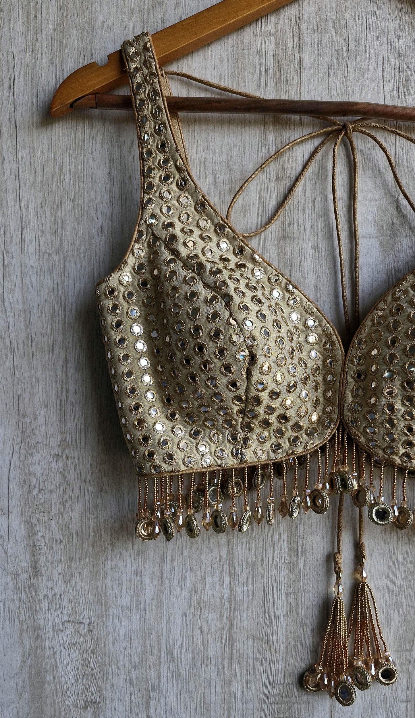 Champagne Gold Saree Blouse, Tissue Silk Sweetheart Neck, Mirror Fringes DVBL_479