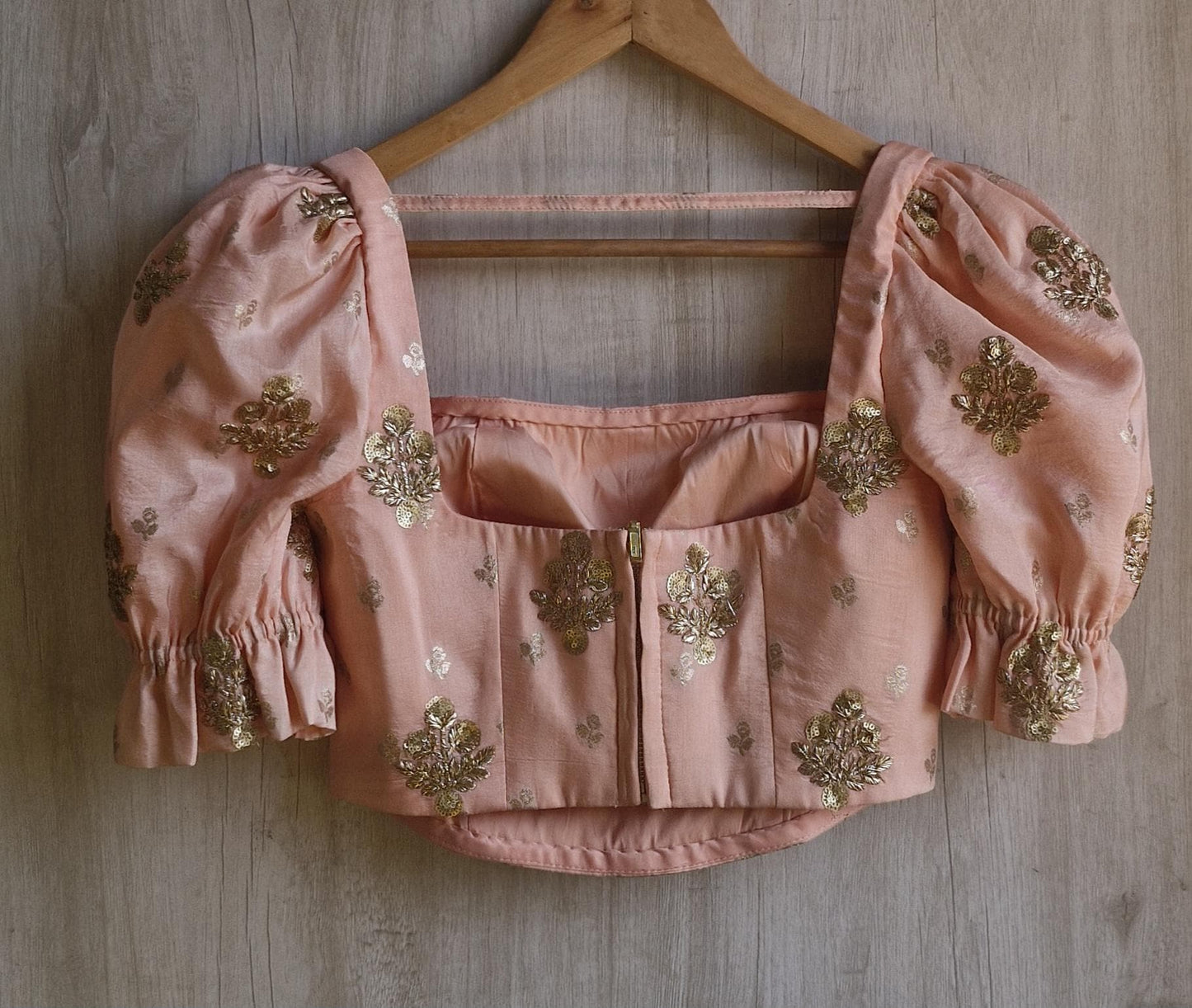 Peach Embroidered Puff Sleeves Silk Corset Blouse DVCB_013
