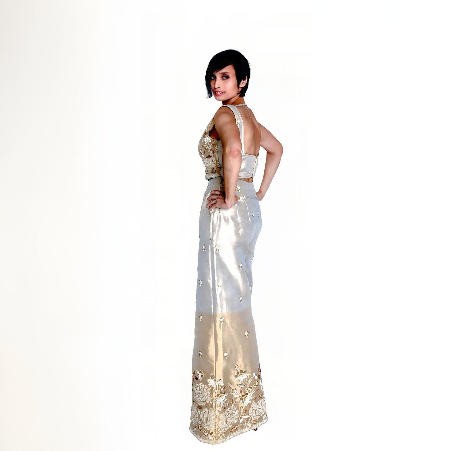 Gold Silver Embroidered Tissue Silk Pants, Top Co-ord Set DVCW_004