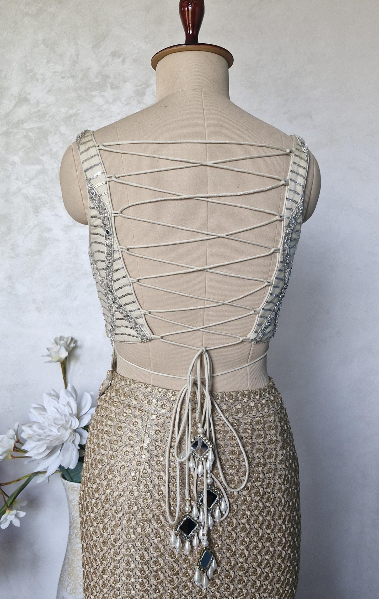 Embroidered Net Cream Gold Backless Corset Blouse DVCB_012