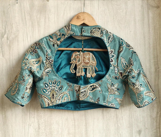 Green Embroidered Crepe Half Sleeves Blouse DVBL_473