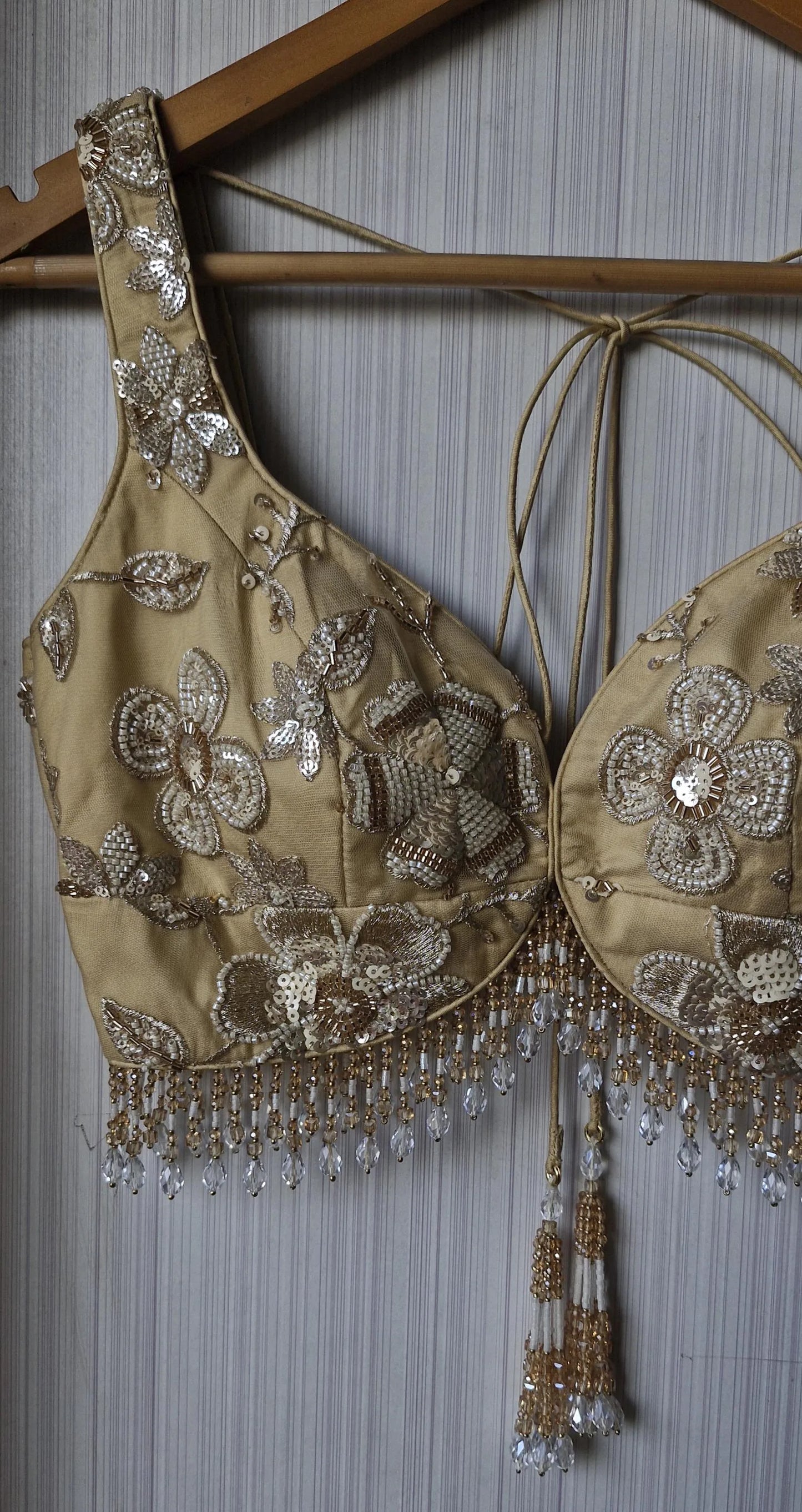 Golden Beige Saree Blouse, Embroidered Net Sweetheart Neck DVBL_476
