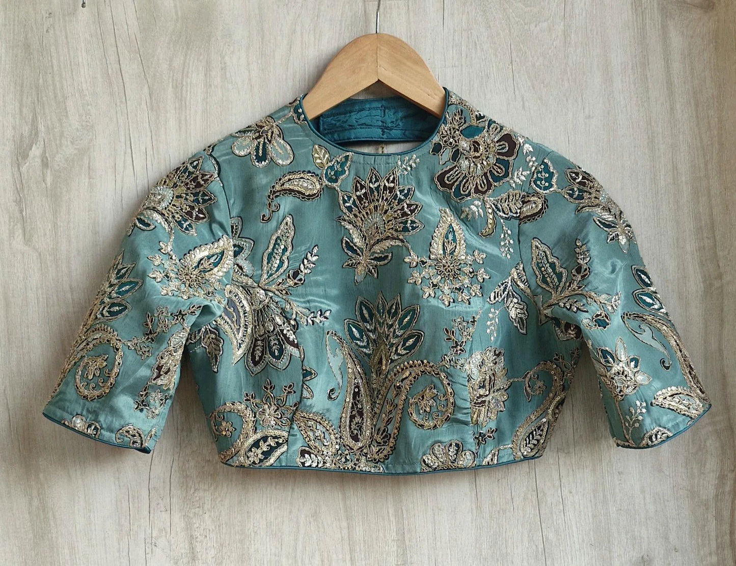 Green Embroidered Crepe Half Sleeves Blouse DVBL_473