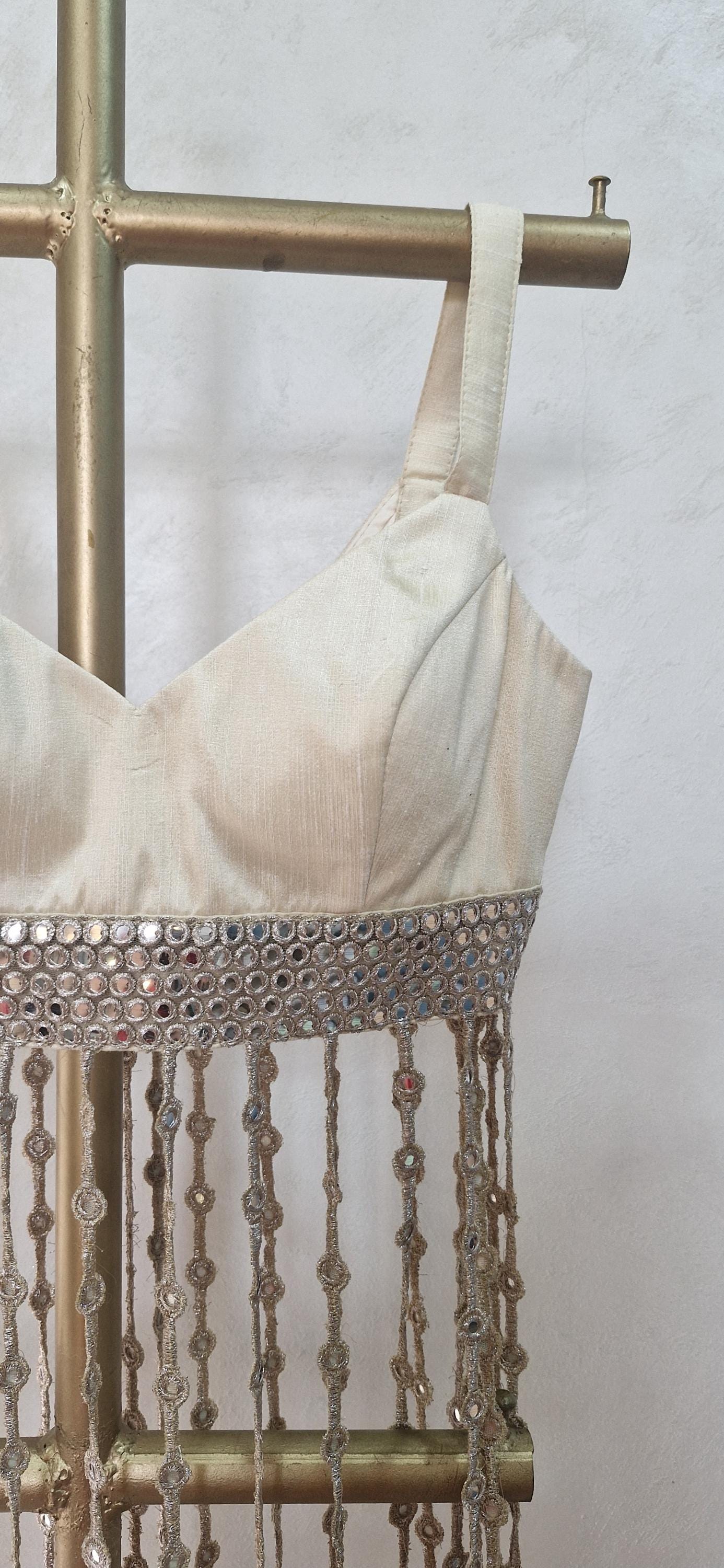 Cream Gold Saree Blouse, Raw Silk V Neck, Mirror Fringes DVBL_477