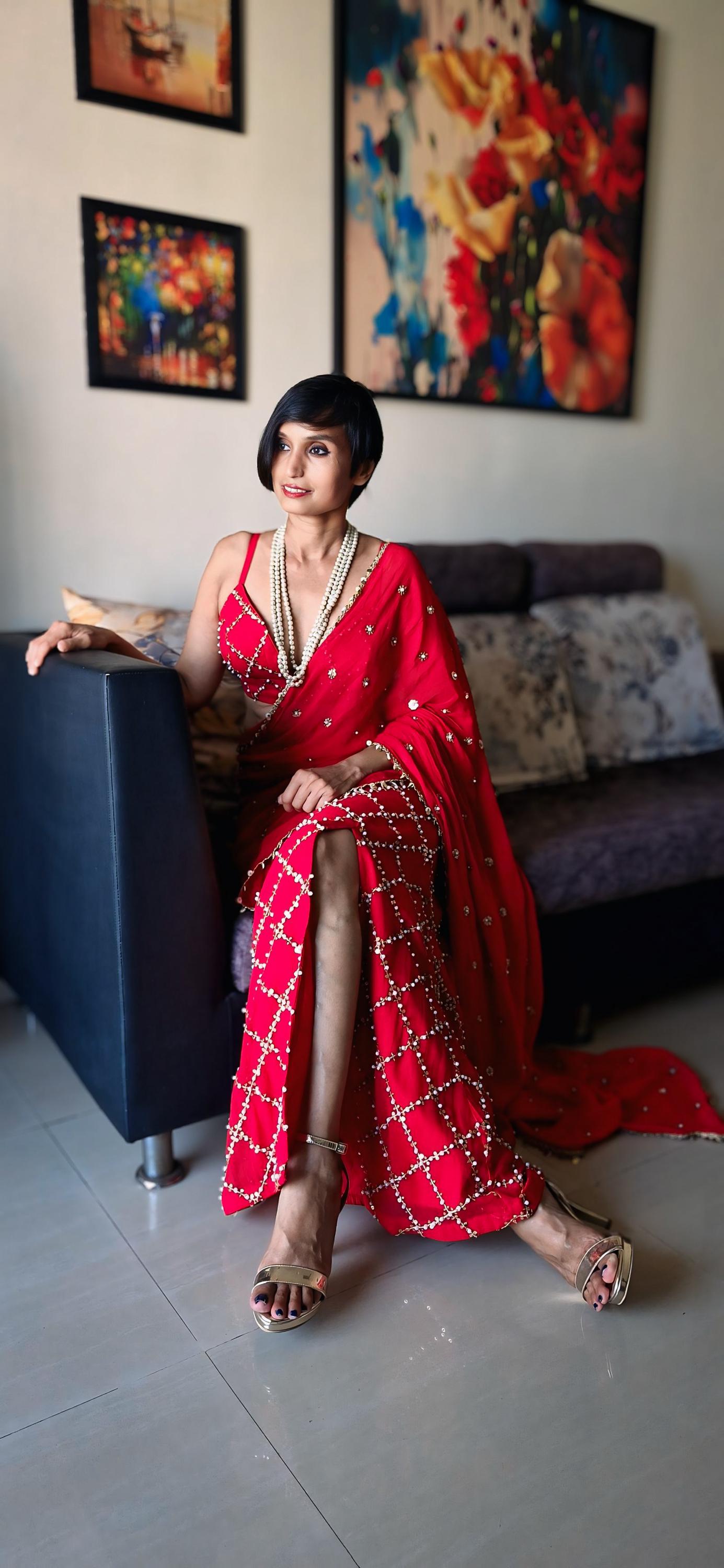 Red Slit Skirt Set, Contemporary Embroidered Georgette Co-ord DVMTD_0284