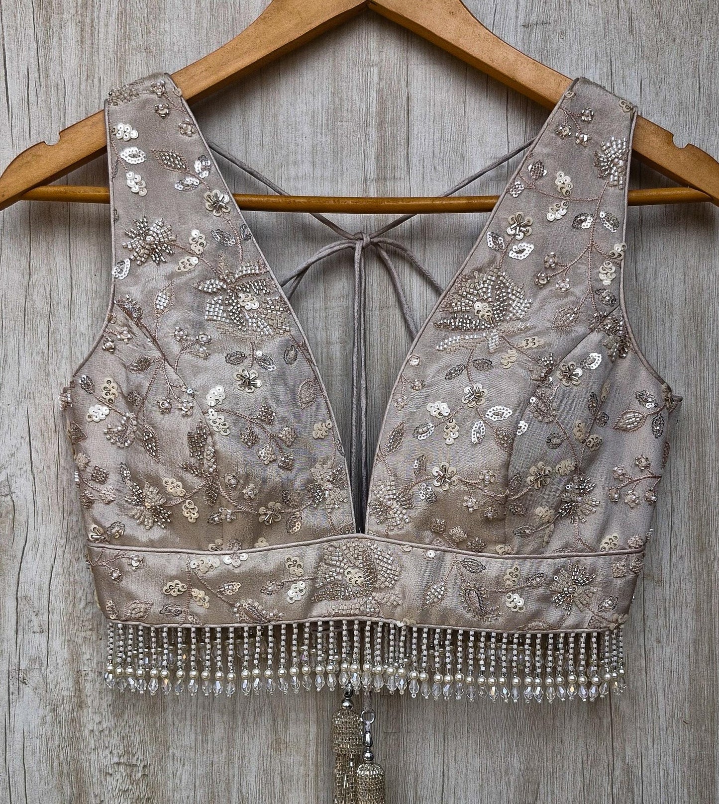 Warm Silver Embroidered Tissue Silk Blouse DVBL_470