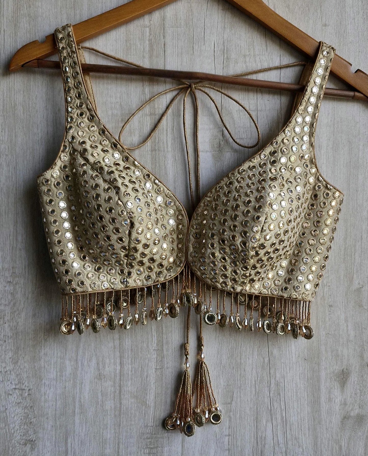 Champagne Gold Saree Blouse, Tissue Silk Sweetheart Neck, Mirror Fringes DVBL_479
