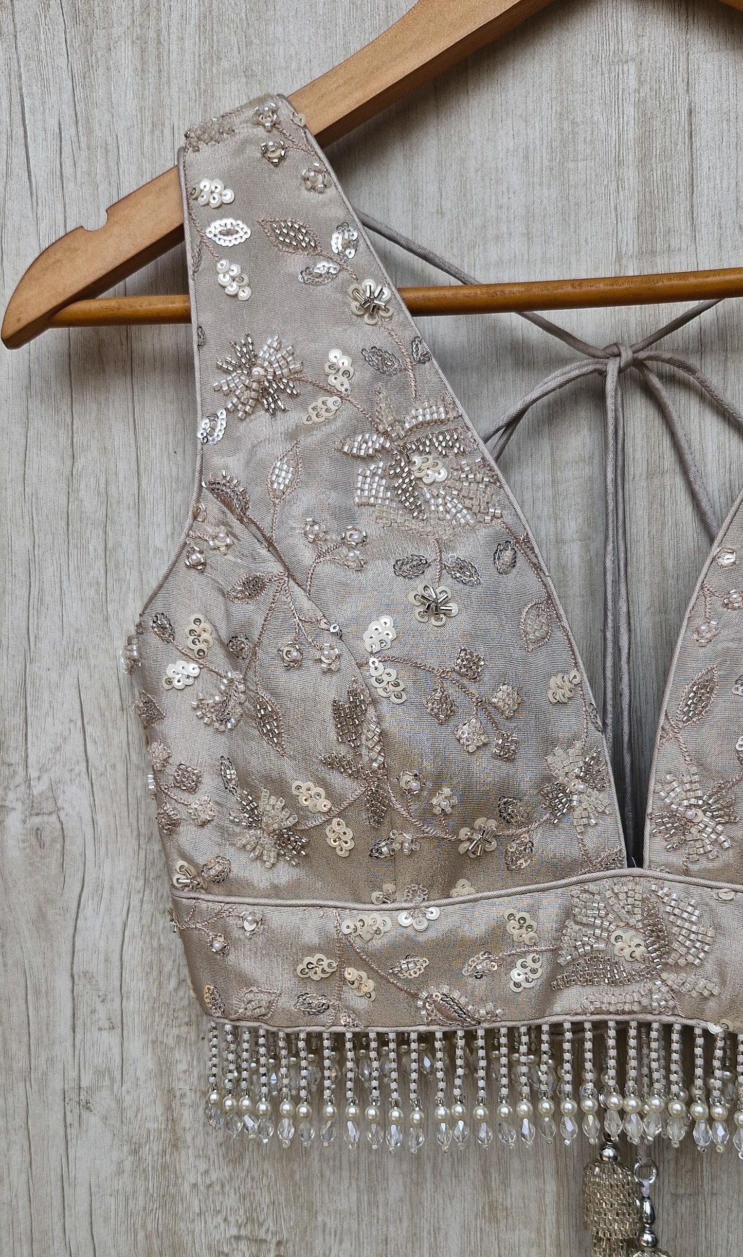 Warm Silver Embroidered Tissue Silk Blouse DVBL_470