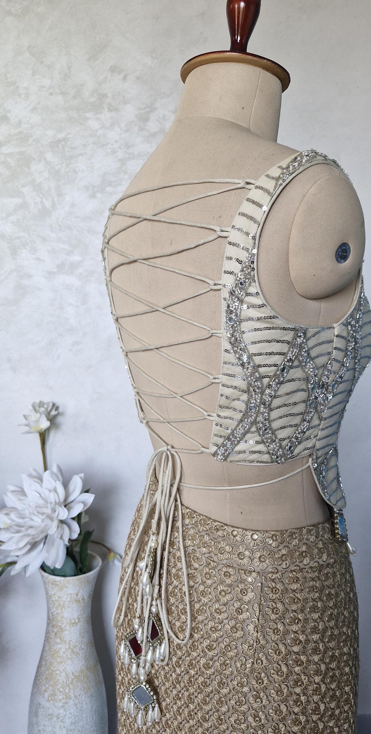Embroidered Net Cream Gold Backless Corset Blouse DVCB_012