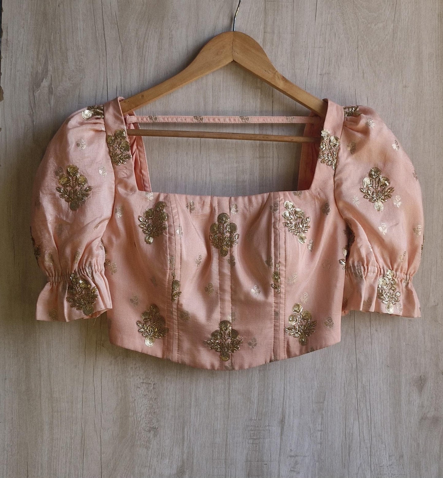 Peach Embroidered Puff Sleeves Silk Corset Blouse DVCB_013