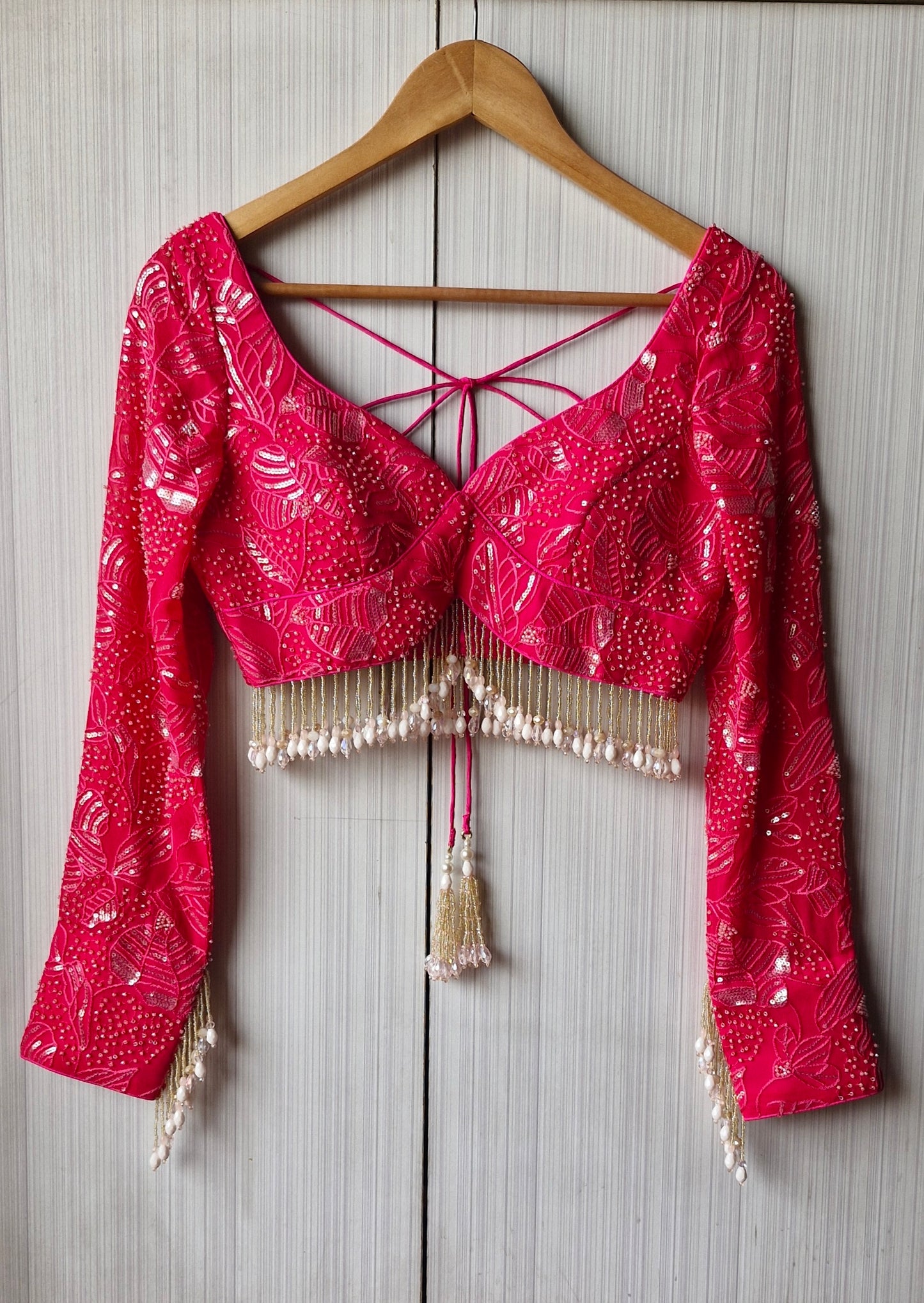 Hot Pink Embroidered Sweetheart Neck Blouse DVBL_466