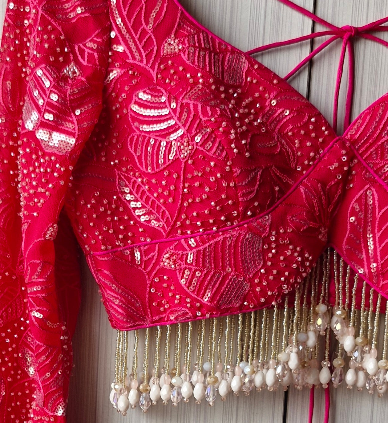 Hot Pink Embroidered Sweetheart Neck Blouse DVBL_466