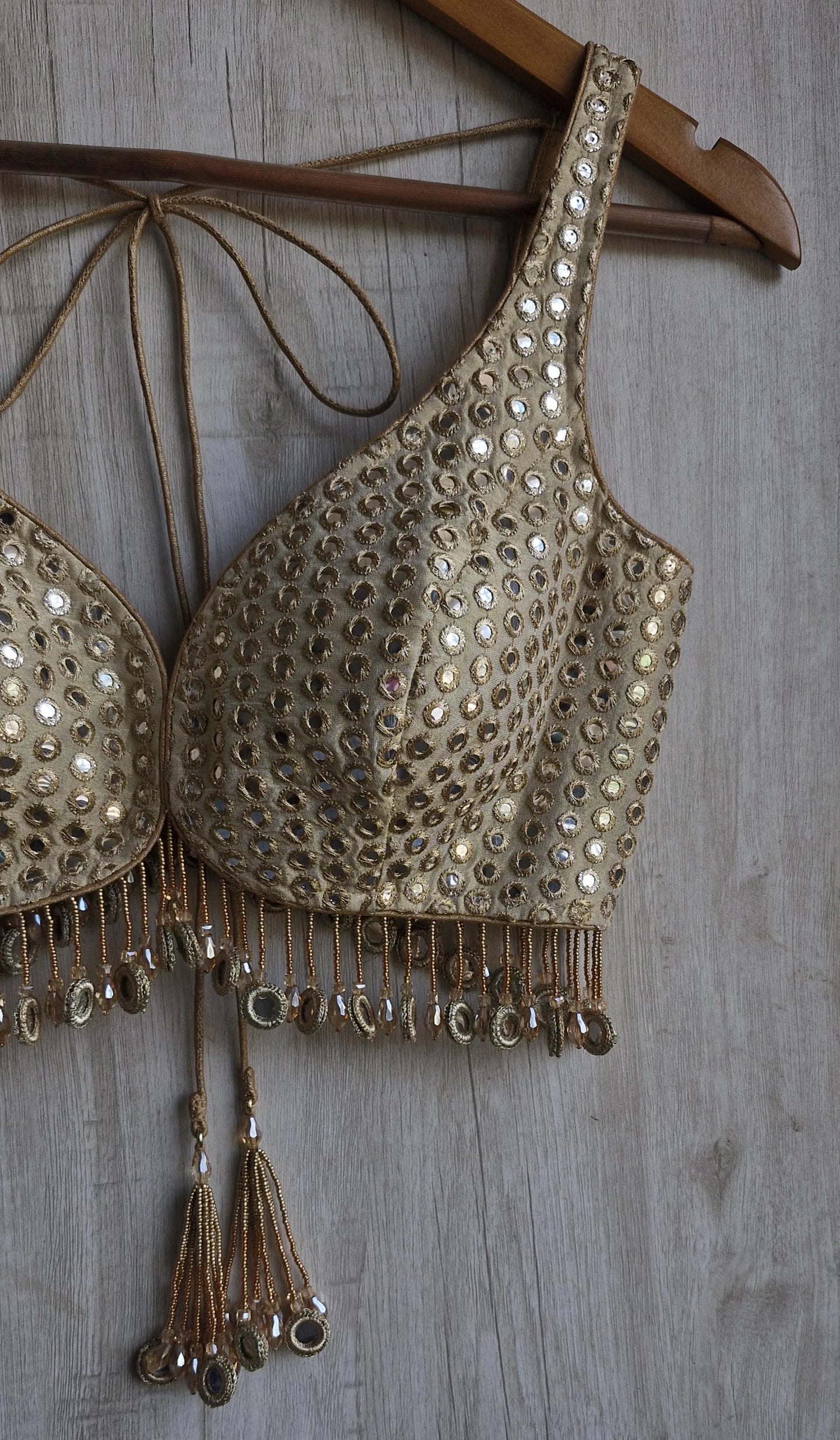 Champagne Gold Saree Blouse, Tissue Silk Sweetheart Neck, Mirror Fringes DVBL_479